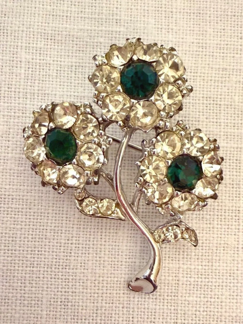 Vintage Silver Tone Rhinestone Flower Brooch Green Floral Pin 1960s